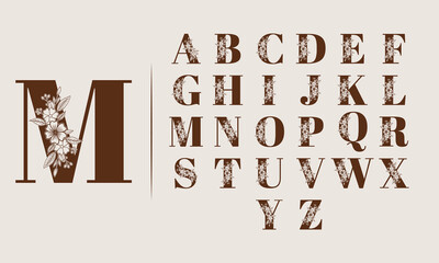 Floral alphabet with delicate line art flowers. Elegant botanical monogram letters set for wedding invitations, laser cut files, and luxury branding. Vector illustration. © Rakibul