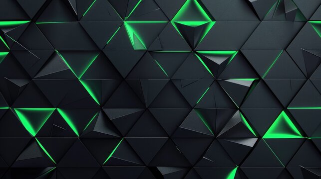 Geometric pattern of green triangles on a black background, abstract background.