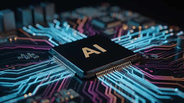 Artificial intelligence chip on a futuristic circuit board with glowing neon signals