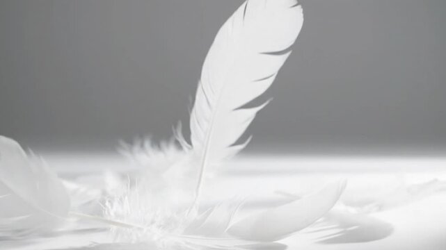 White feathers suspended in air, soft light background
