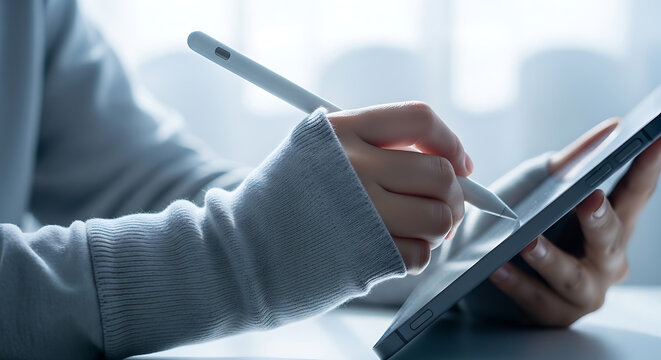Close-up of a person's hands using a stylus to draw or write on a tablet device, focusing on digital creativity and productivity