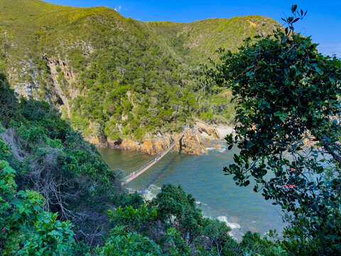Scenic view of the Storms River Mouth gorge and suspension bridge