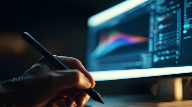 Person Writing Notes on Laptop During Late Night Work Session in Dark Office