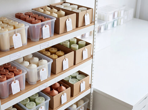 Handmade candle inventory shelf with blank labels