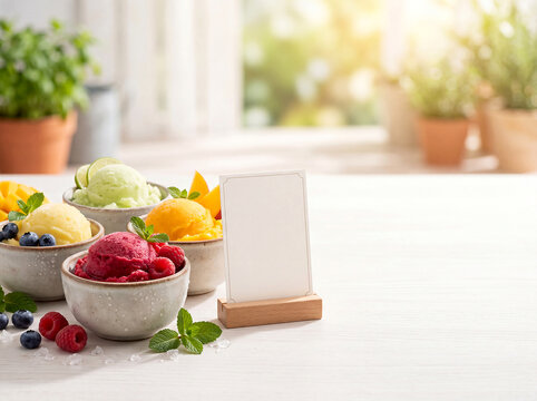 Summer sorbet dessert display with blank menu card