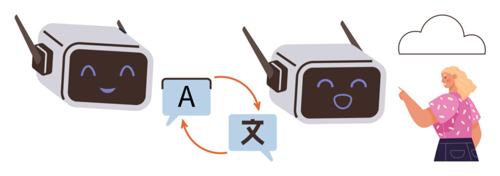 Language learning, AI technology, translation services, communication tools, cloud integration, digital comprehension. Two robots exchanging symbols near a person pointing at a cloud. Language