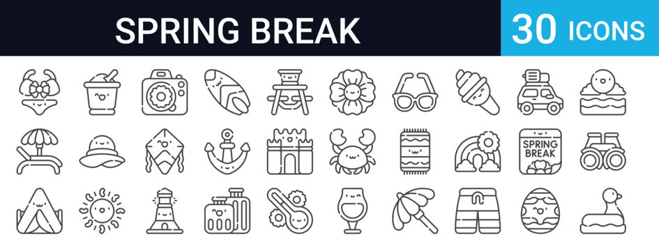 Spring Break Travel Set of 30 Thin Line Vector Icons