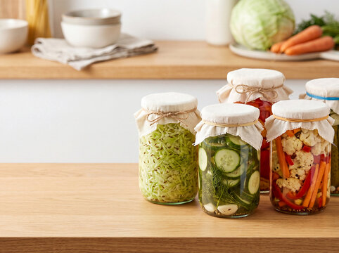 Fermented foods kitchen jars with fresh vegetables