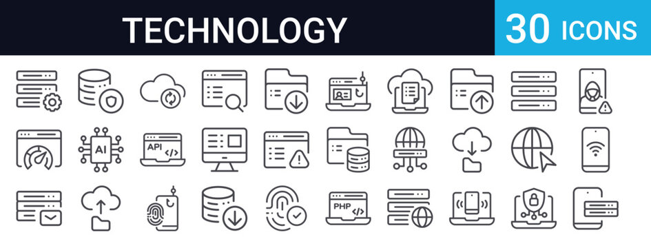 Technology Network Icons Set of 30 Thin Line Vector