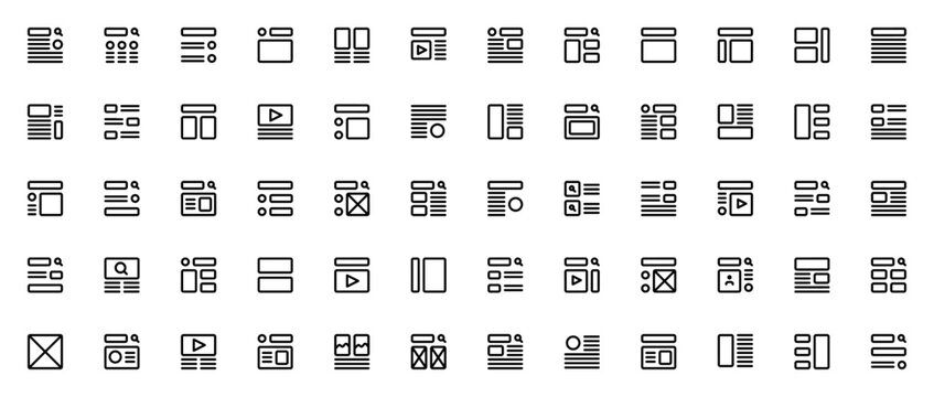 Wireframe icon set. Minimal line icons. UI wireframe pack. Includes symbols for layout, structure, skeleton, prototype, design, framework and more. Editable vector stroke.