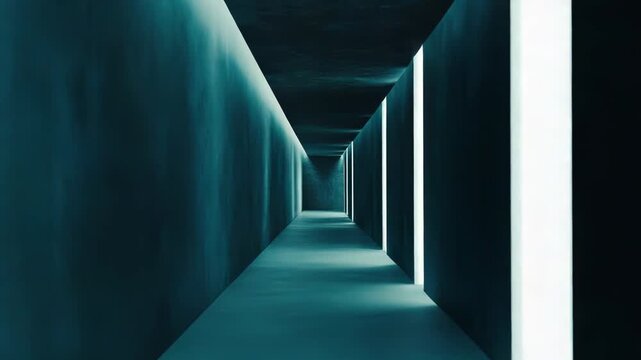 Abstract futuristic corridor creating a strong sense of depth and perspective with repeating geometric light elements illuminating a dark, textured pathway in a modern architectural design