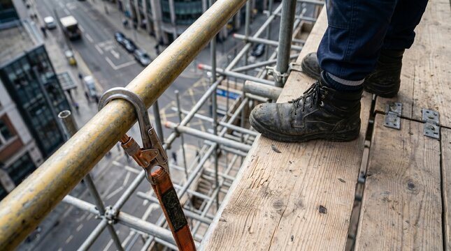 Close-up of a construction worker's safety boots on scaffolding, high above a busy city street. Emphasizes urban construction and workplace safety.