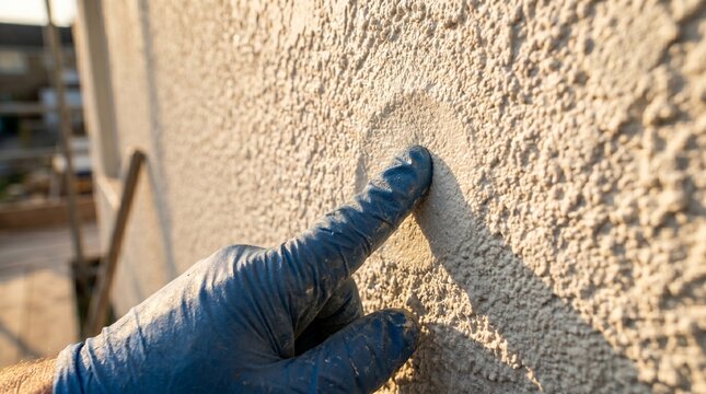A gloved hand points to a textured stucco wall, highlighting a patch or potential damage. Ideal for property inspection, repair, construction, and home maintenance topics.