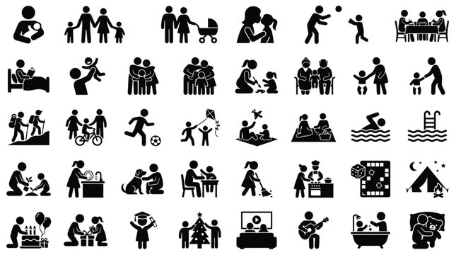 Collection of black stick figure icons showing various family activities and daily life routine lifestyle scenes