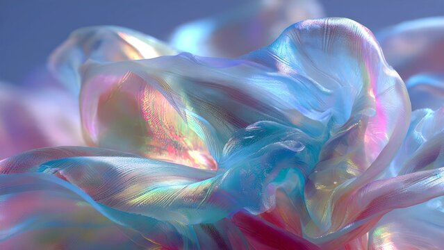 Flowing silk fabric in opalescent colors, holographic sheen, layered translucent waves, soft focus background