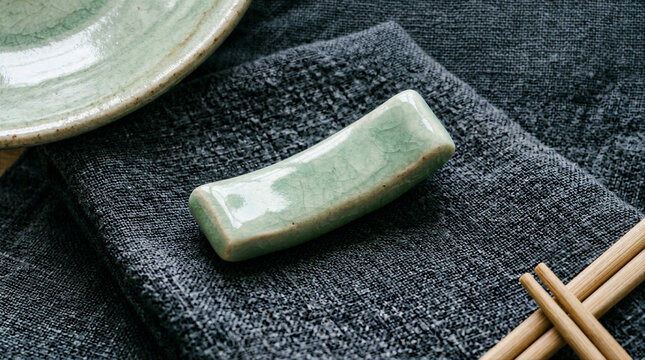 Minimalist Japanese Celadon Green Ceramic Chopstick Rest and Wooden Chopsticks on Textured Gray Linen Background