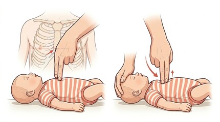 Naklejka na ściany i meble A hand performs a two-finger technique on an infant to show first aid methods during an emergency response session at a workplace.