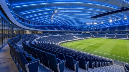 Naklejka premium Empty soccer stadium with green field and blue seats