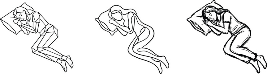 Fototapeta premium Sleeping woman vector illustration set with geometric, continuous line, and sketch style