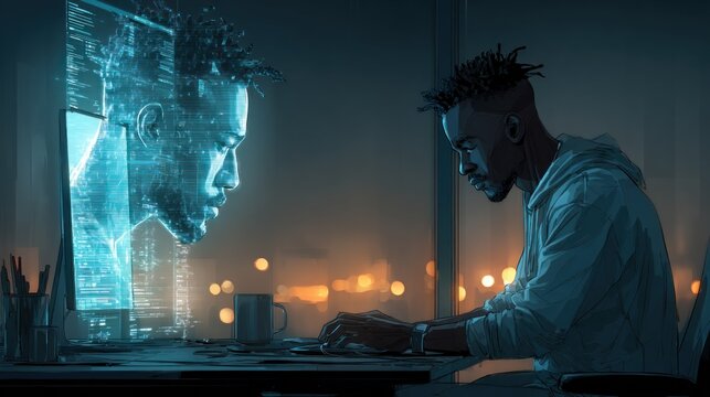 Man sitting at a desk with a laptop computer deepfake concept background