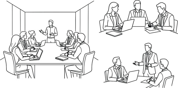 Business People in Conference Room Meeting and Corporate Presentation Line Icon Vector Set