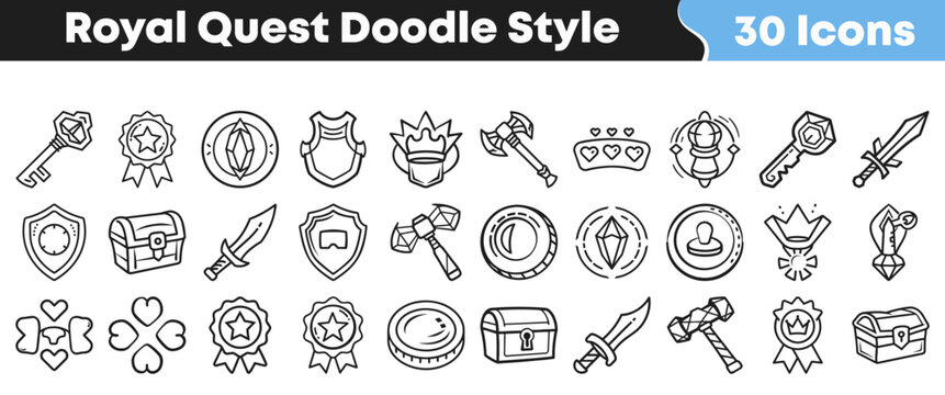 Hand drawn collection of thirty royal quest themed doodle icons