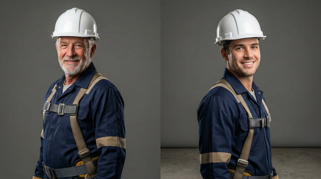 Split screen of two professional industrial workers in hardhats
