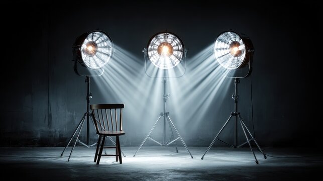Three Studio Lights Shining on Empty Chair in Dark Room