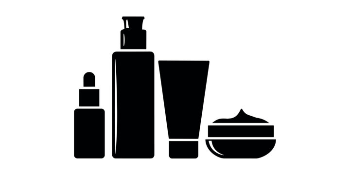 Black silhouettes of four cosmetic products on white background cosmetics skincare makeup 