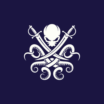 Skull with crossed swords and tentacles forming a menacing emblem on navy background