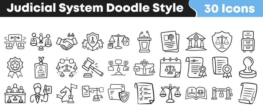 Hand drawn doodle style icons for the legal judicial system