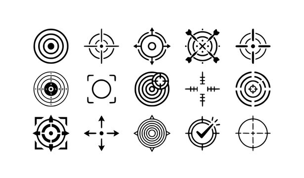 Minimal black and white target icons vector collection with modern aim symbols