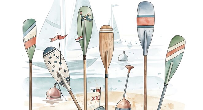 Watercolor illustration of oars and sailboats