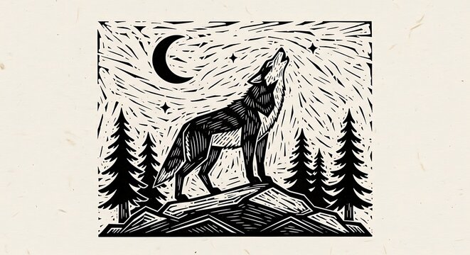 Woodcut illustration of a wolf howling at the moon
