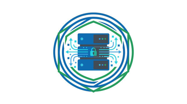 a blue and green logo with circuit board.