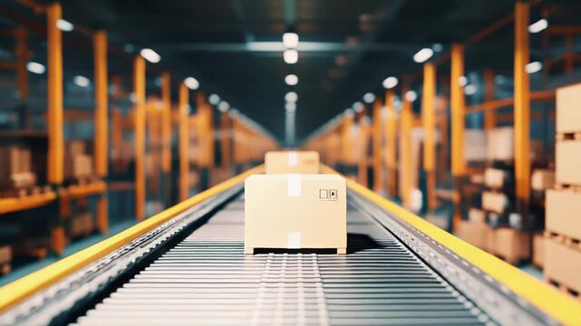 Cardboard boxes are transporting on a conveyor belt system inside a large scale distribution center, illustrating efficient logistics and automated shipping processes