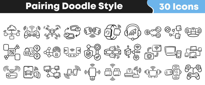 Collection of various electronic device pairing icons in doodle style