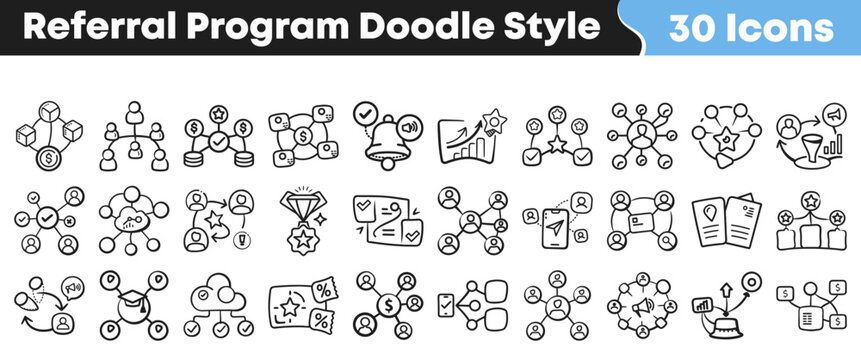 Set of thirty hand drawn referral program doodle style icons