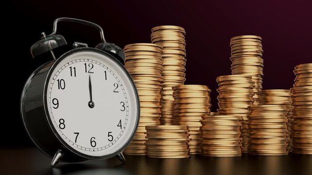 Alarm clock next to shrinking stacks of gold coins symbolizing time-driven wealth loss in an animation on a dark background. Inflation impact, retirement fund loss, and investment risk presentations.