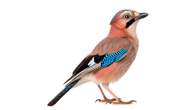 Beautiful wild Eurasian jay bird perched standing profile view isolated on transparent background
