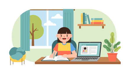 Fototapeta premium Young girl studying online at home, smiling, with laptop, books and plant