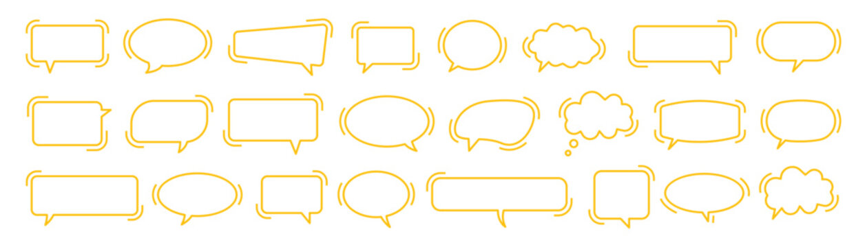 Set of yellow outline speech bubbles and thought clouds with corner accents on transparent background