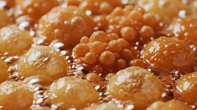 Closeup of golden fried dough balls bubbling in hot oil.