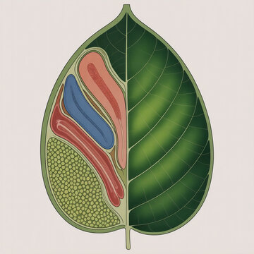 Highly detailed scientific artwork of a leaf cross section showing epidermis, stomata, xylem, phloem, and mesophyll tissues in an educational botanical diagram style.
