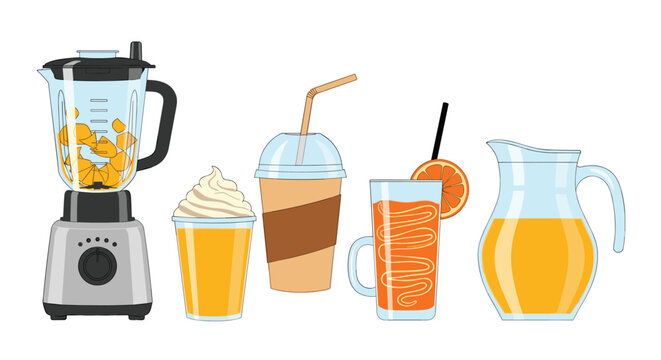 Assortment of healthy drinks and appliances featuring a blender filled with fruit, a milkshake, iced coffee, orange juice, and a full pitcher.