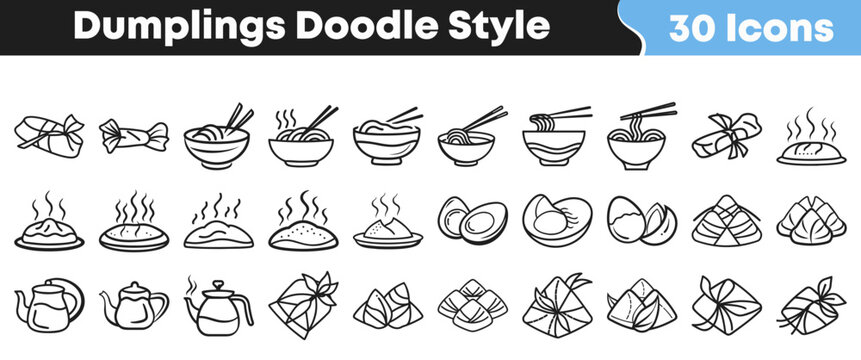 Hand drawn collection of traditional asian dumpling and tea icons