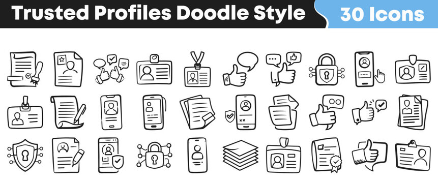 Collection of hand drawn doodle icons representing trusted user profiles