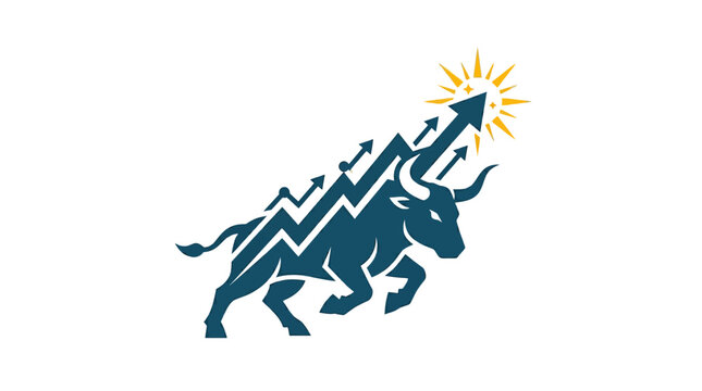 Bull with upward arrow and sun.