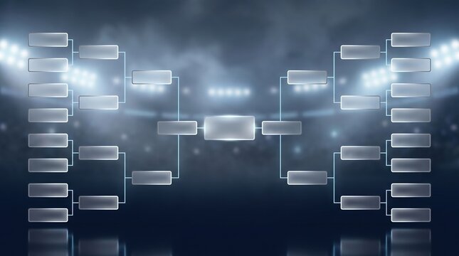 Futuristic sports tournament bracket template with stadium lights background.