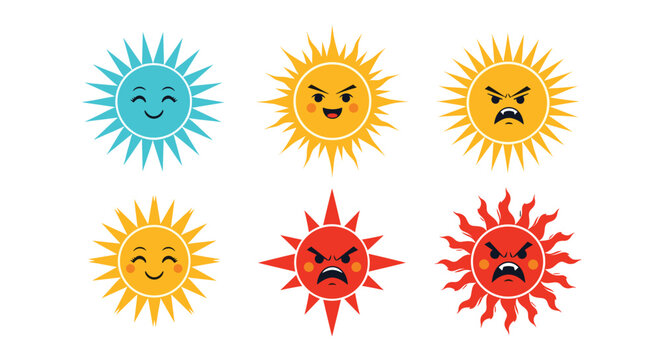 Set of six sun characters showing a range of emotions from happy and content to angry and fierce with different ray designs.